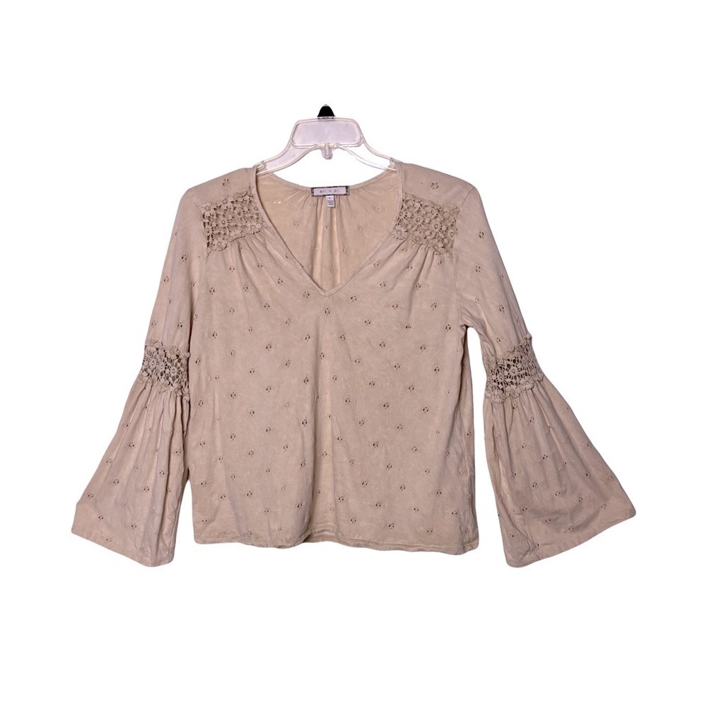 Anthropologie Eri + Ali | Beige Calvin Eyelet Lace Bell Sleeve Boho Top, Small